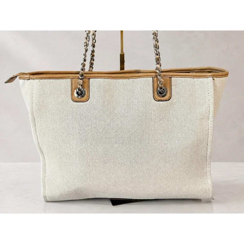 GUESS Makena Large Canvas Tote Bag Embroidered Logo Chain Shoulder Strap